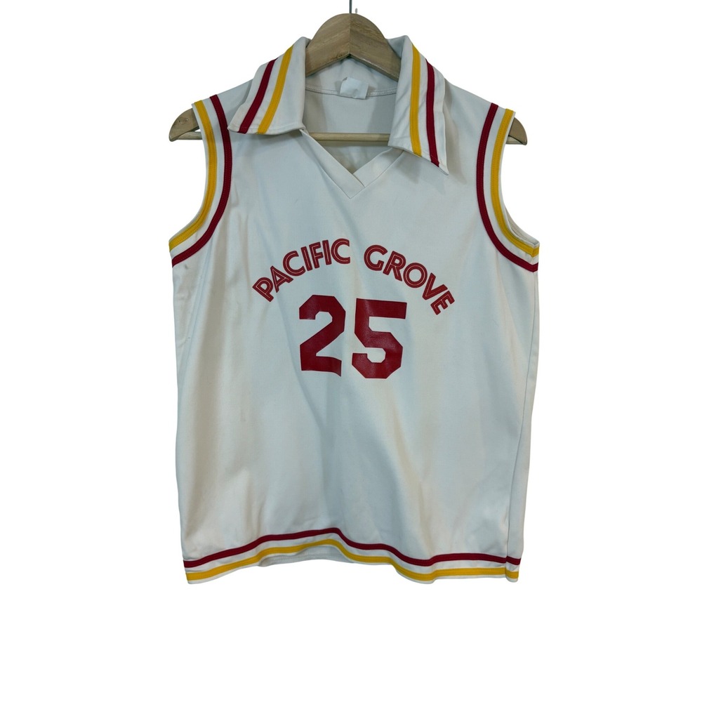 Vtg 70s Broderick Basketball Jersey Mens White Pacific Grove sports athletic top